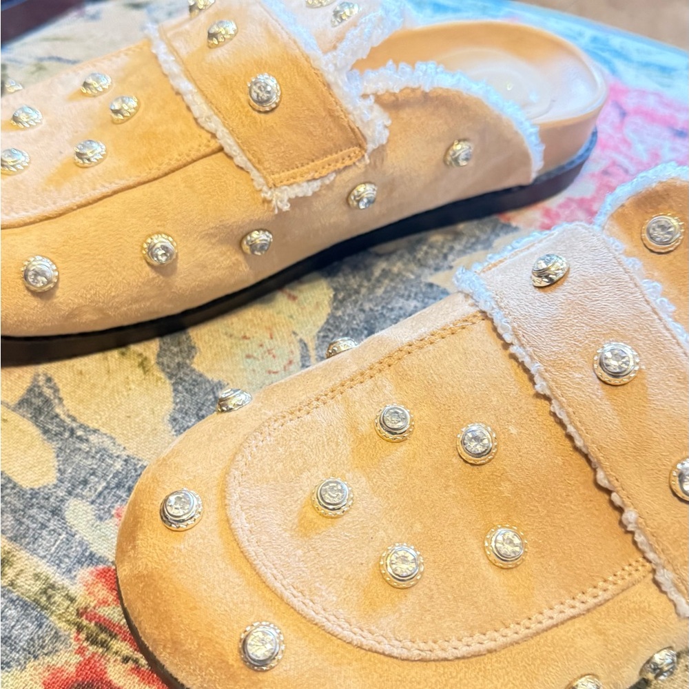Studded Suede Shearling-Trim Mule Clogs worn once around the house - Picture 8 of 15
